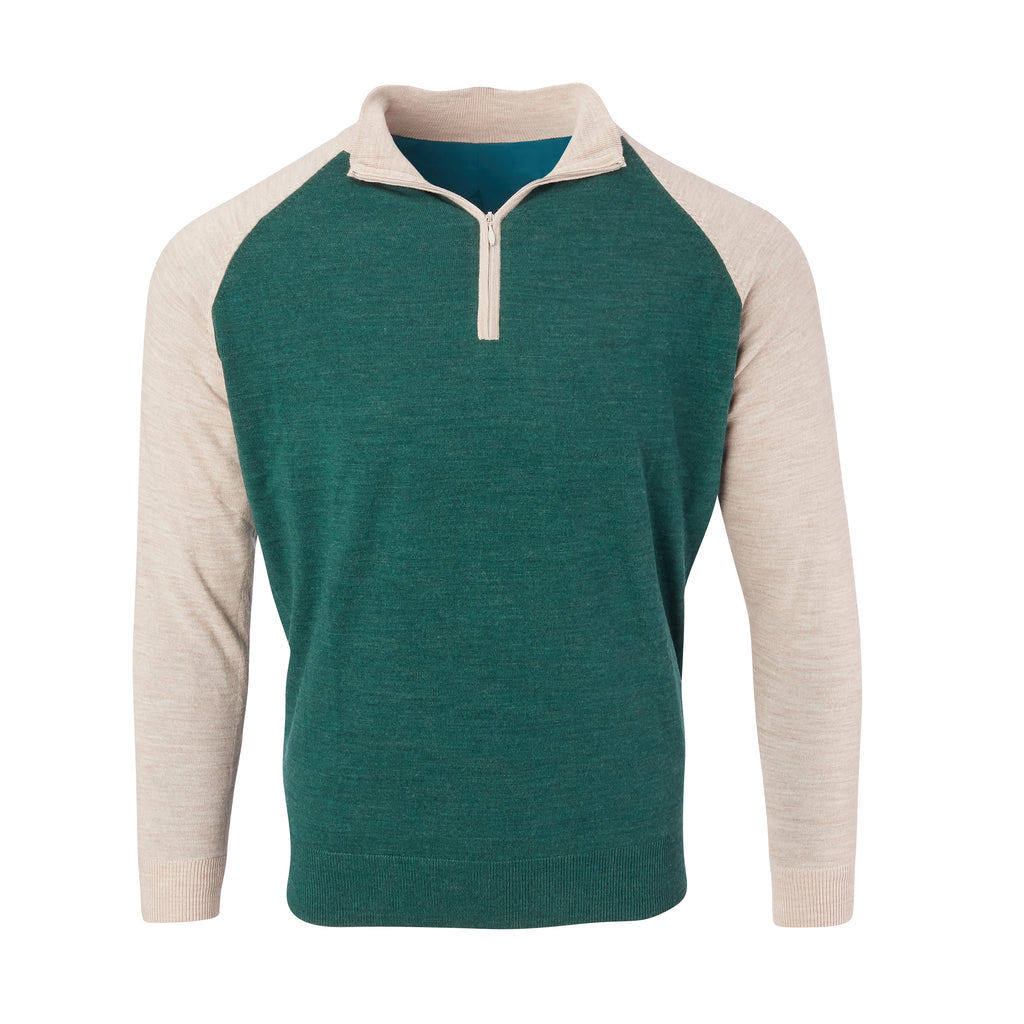 THE CHITOWN RAGLAND MERINO HALF ZIP PULLOVER - Tan/Pine Heather IS75788HLS